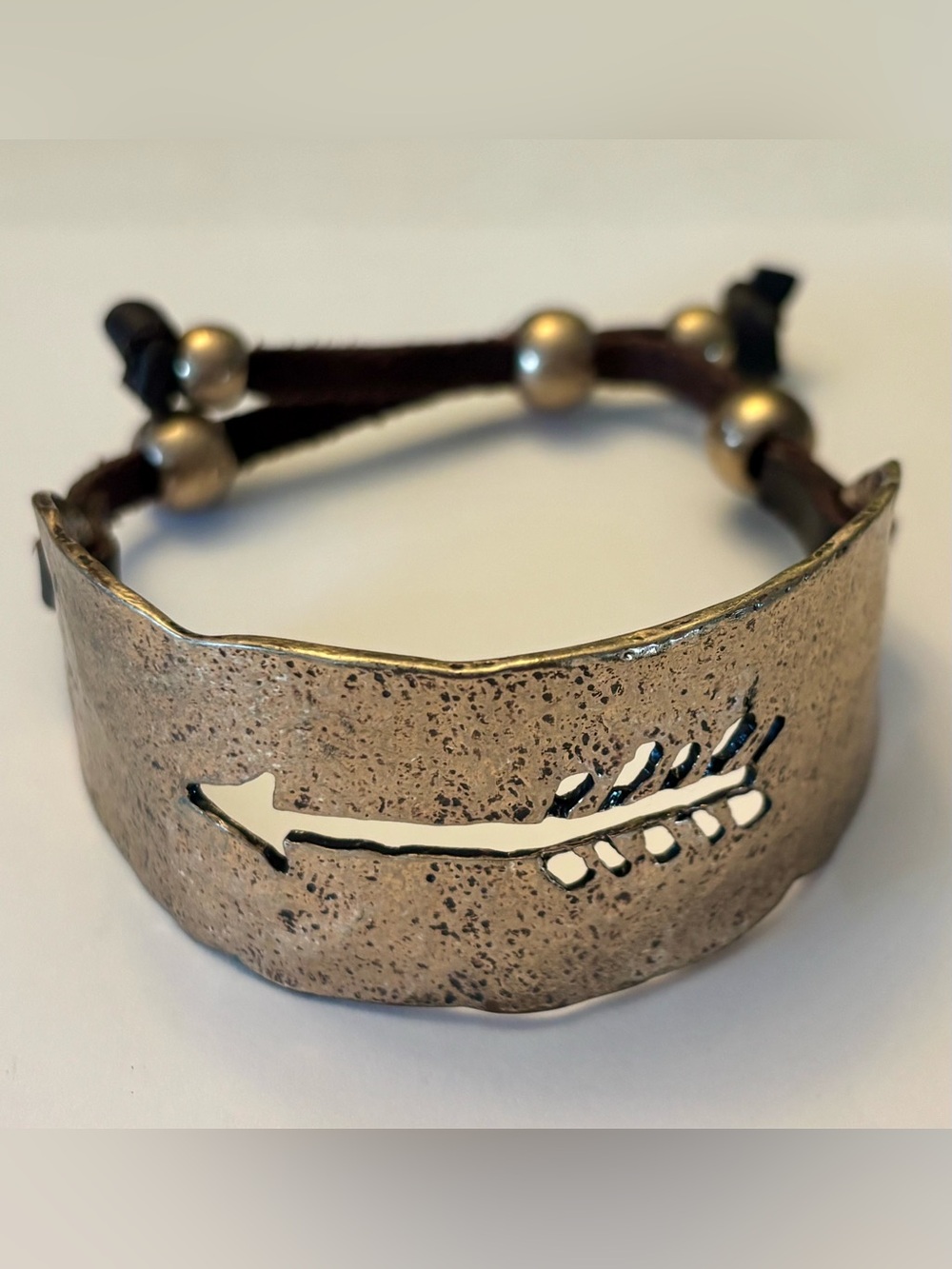 Boho Hammered Brass Arrow Cuff Bracelet | Leather & Bead Accents